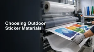 Gloved worker guides a glossy, colorful printed sheet through a large laminating machine, with rolls of film and colored substrate rolls in the background.
