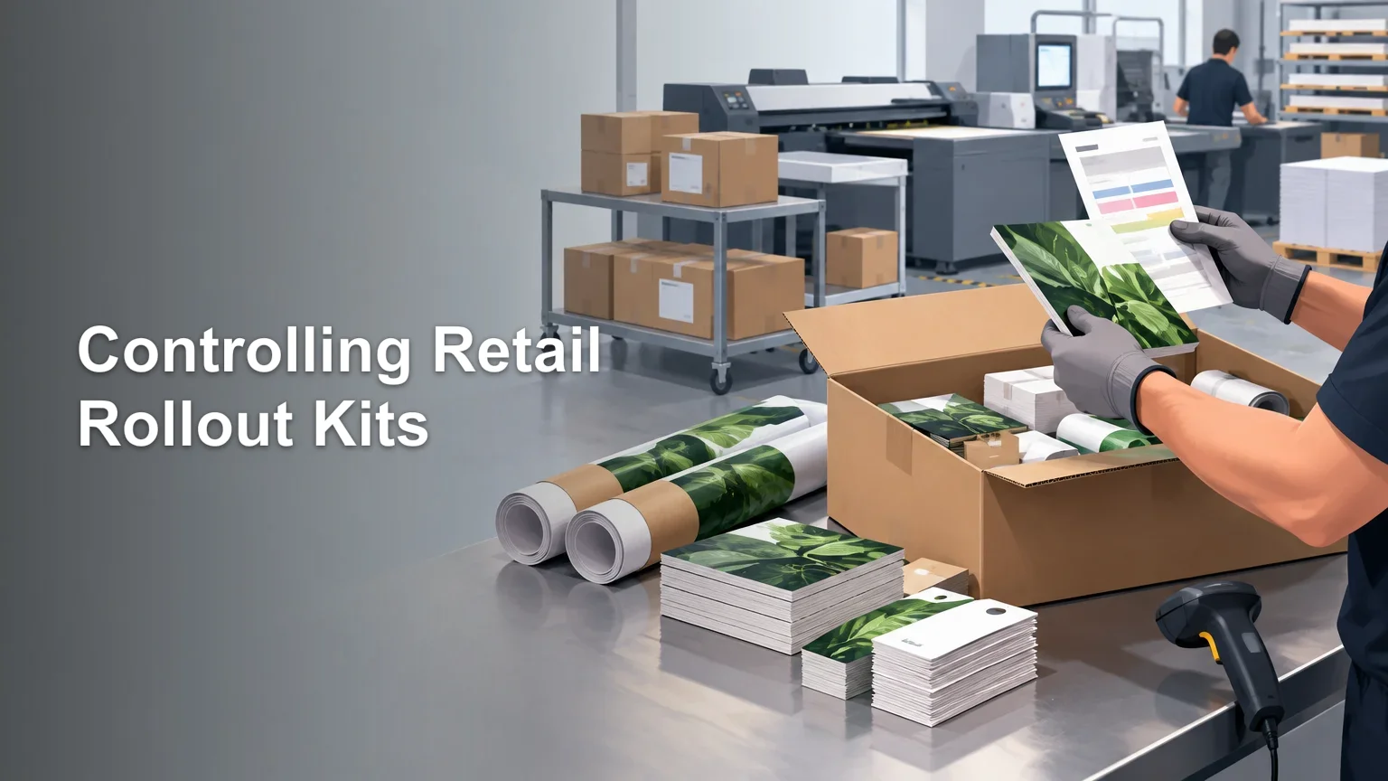 Print-production worker packs leafy green printed materials, rolled posters and small cards into a cardboard kit box beside a barcode scanner, with boxes, a large printer and stacks of paper in the background. The headline “Controlling Retail Rollout Kits” appears on the left.