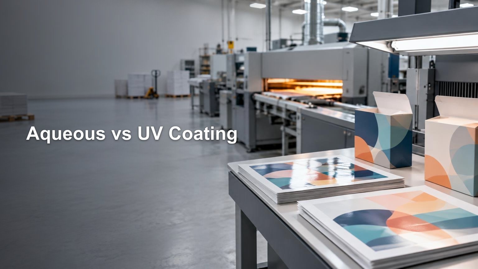 Commercial print finishing area with a curing machine, stacks of glossy printed sheets, and two geometric-patterned folding cartons on a worktable; headline text appears over open floor space.