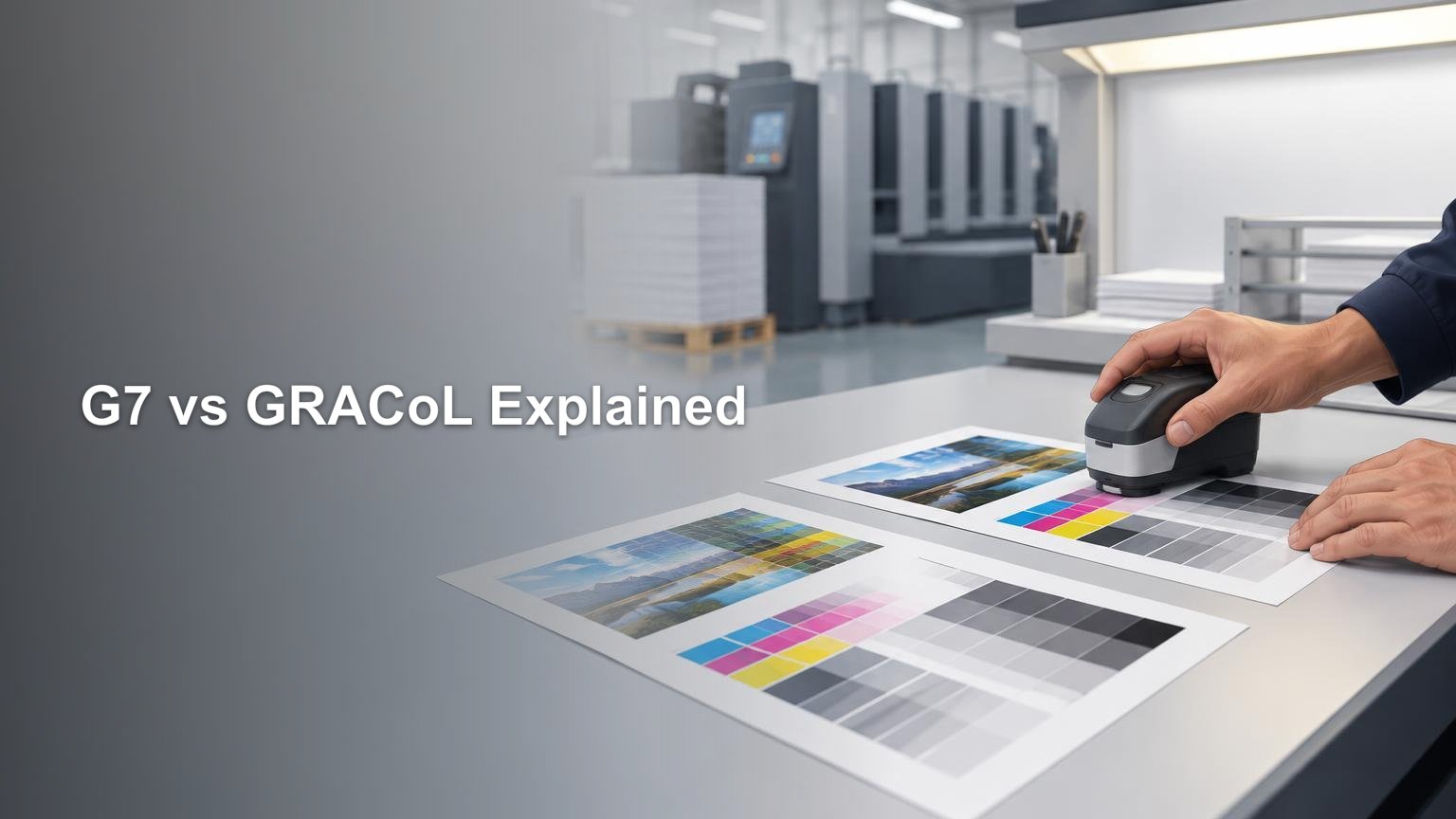 A person uses a handheld color-measurement device on printed test sheets with CMYK swatches and grayscale patches in a clean commercial print shop.