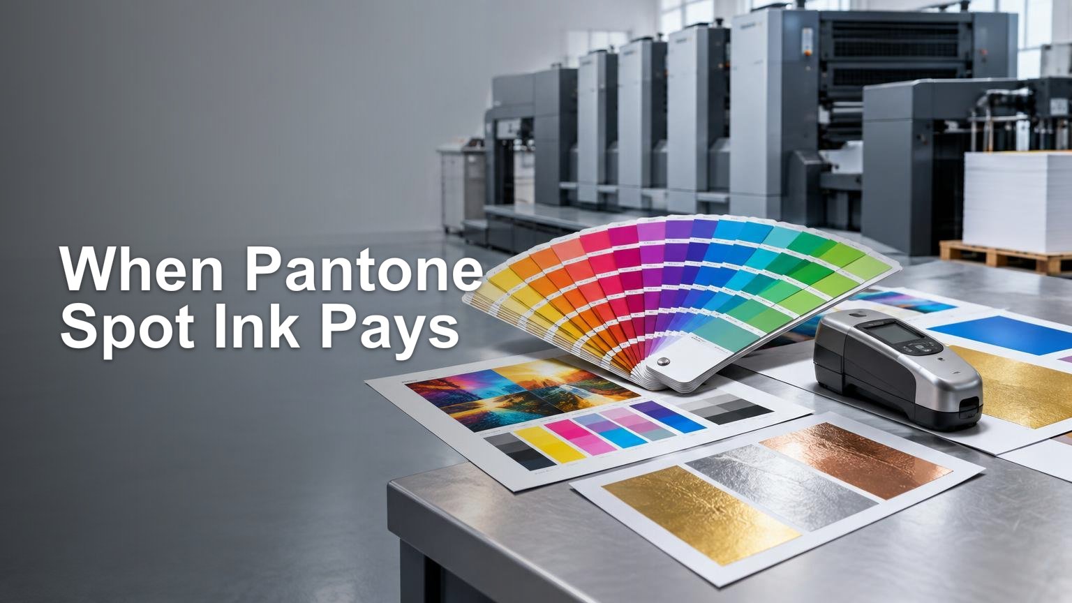 Color fan deck, printed color proofs, metallic sample sheets, and a handheld color-measurement device on a metal worktable in front of a large commercial printing press, with the headline “When Pantone Spot Ink Pays” on the left.