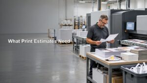 A print-shop worker reviews a sheet beside a large digital press, stacks of printed pages, and a color swatch fan in a clean production area.