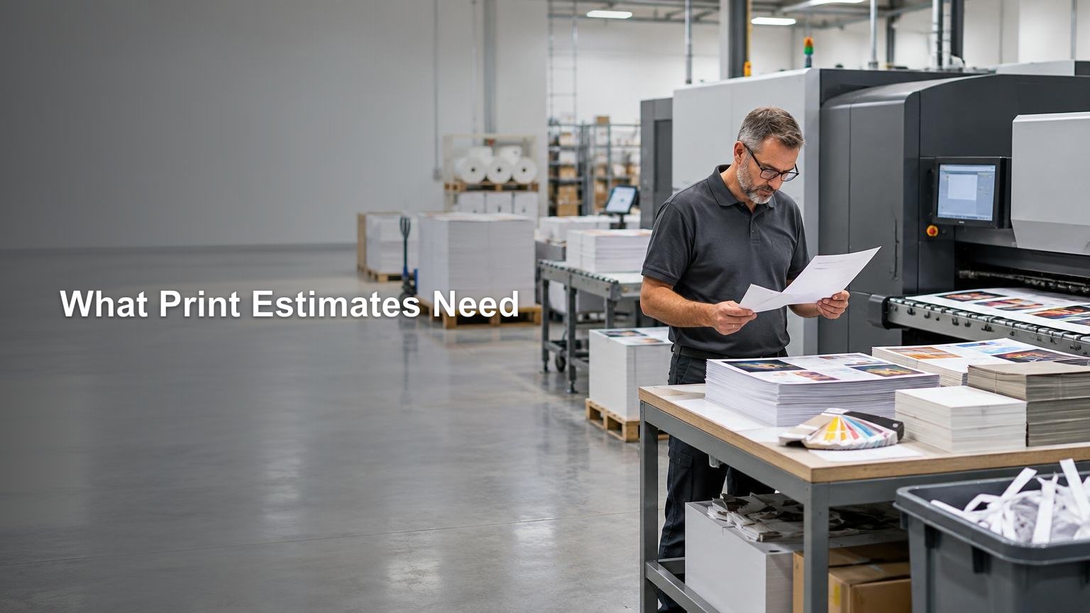 A print-shop worker reviews a sheet beside a large digital press, stacks of printed pages, and a color swatch fan in a clean production area.