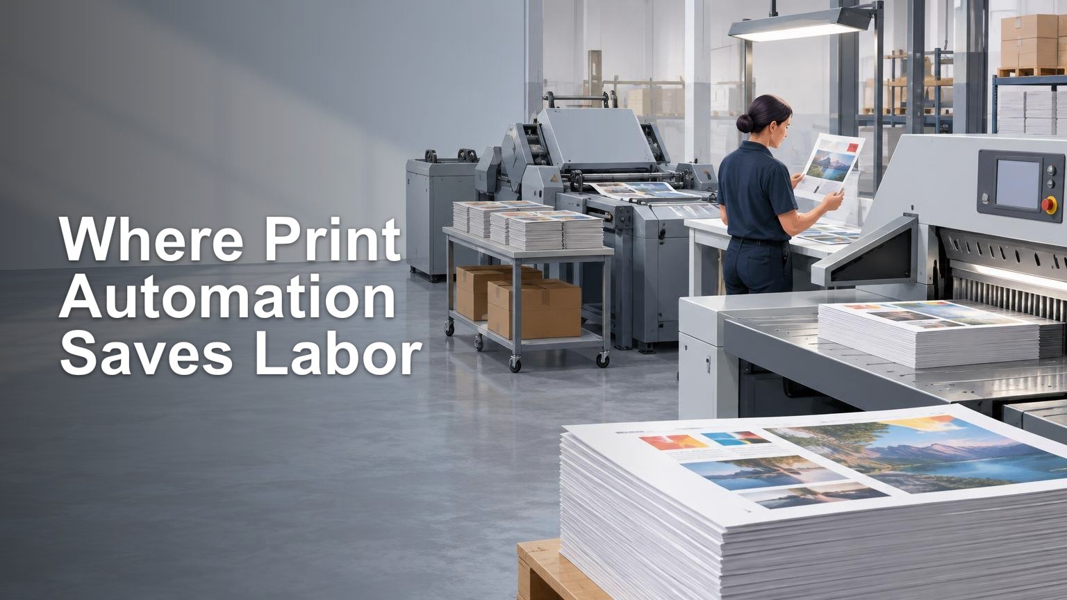 Editorial graphic of a print finishing area with an operator inspecting a printed sheet beside gray cutting equipment and stacks of printed pages; large headline text fills the left side.