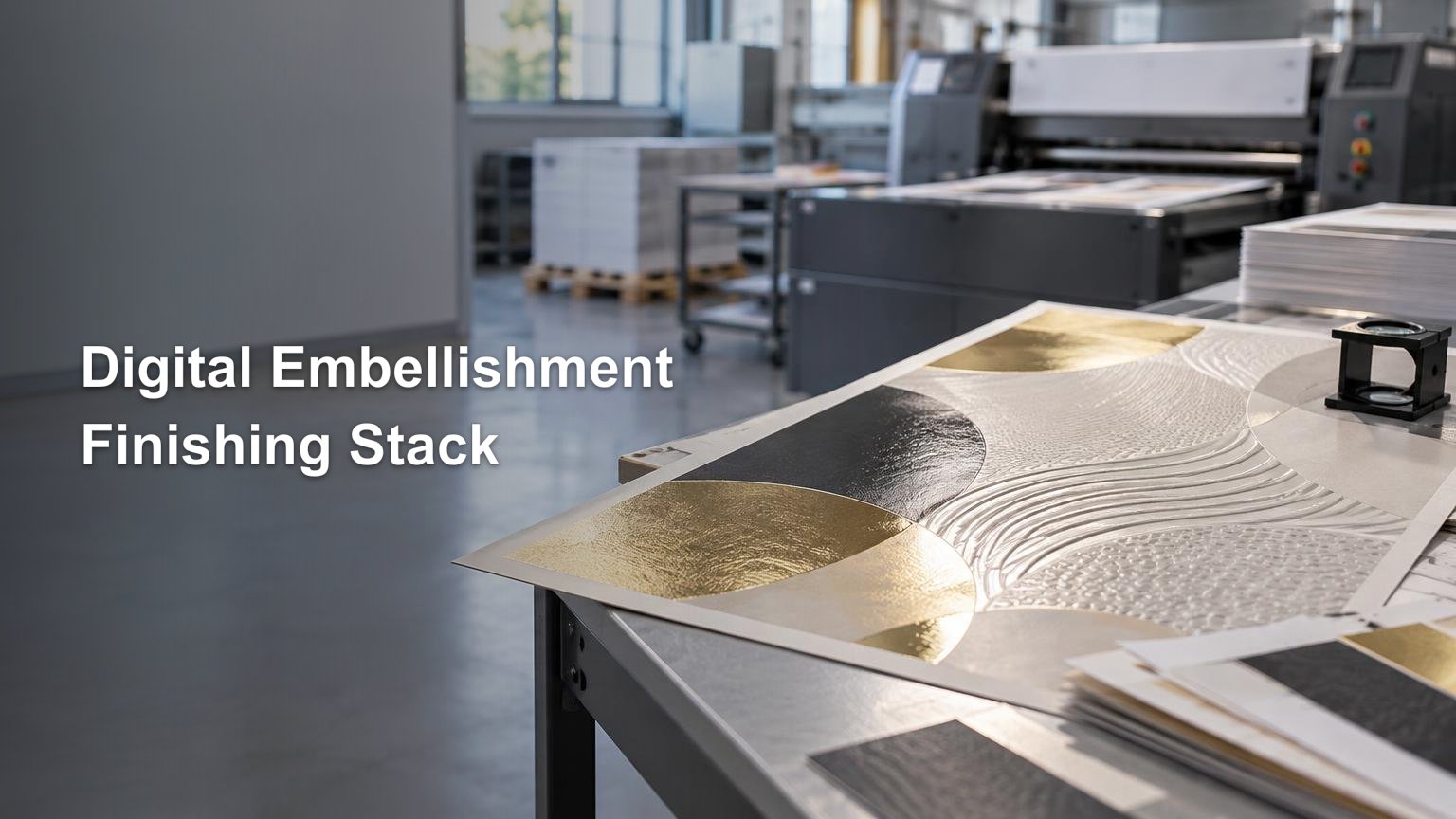 Foil and textured print sample sheets on a finishing table in a commercial print shop, with production equipment in the background.